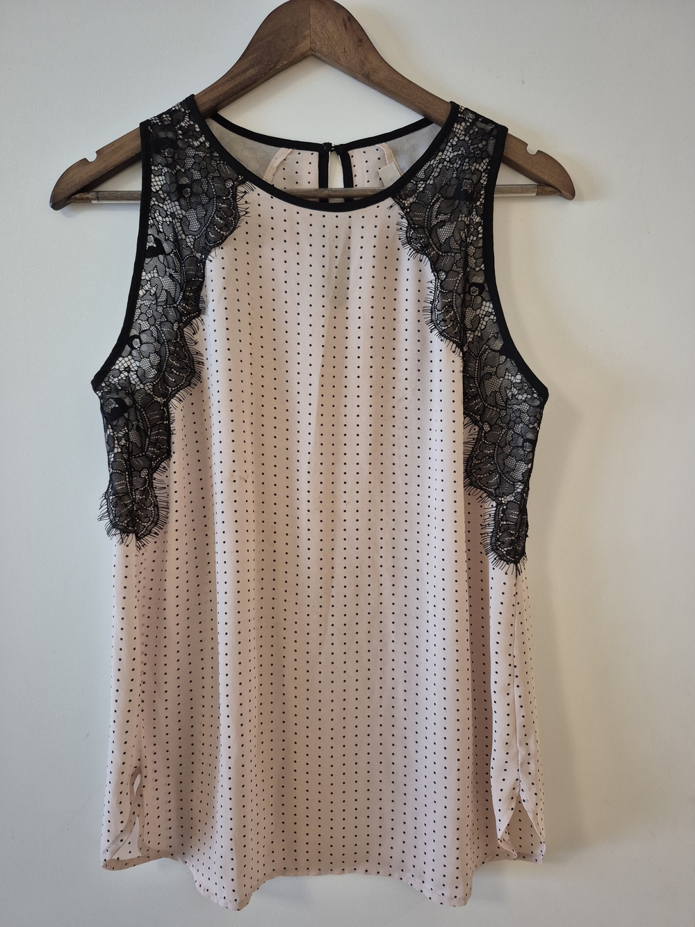Ann Taylor LOFT Blush Polka Dot Tank with Black Lace Accents